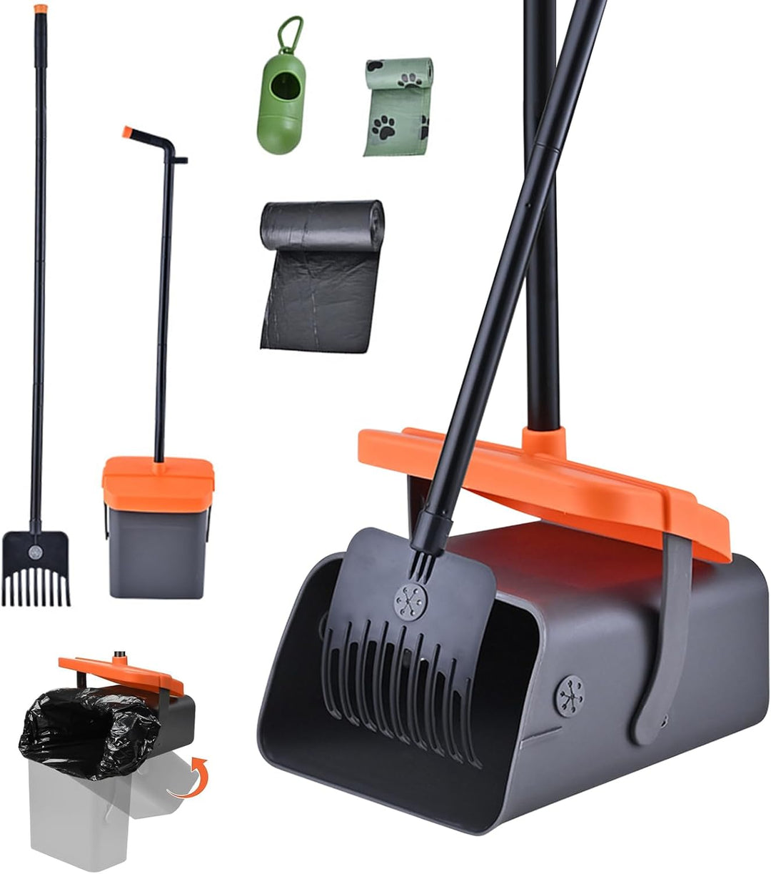 Hundekotschaufel, 117cm Kotschaufel mit Schwenkbehälter und Rechen für Grosse, Mit 35 Abfallbeuteln,
