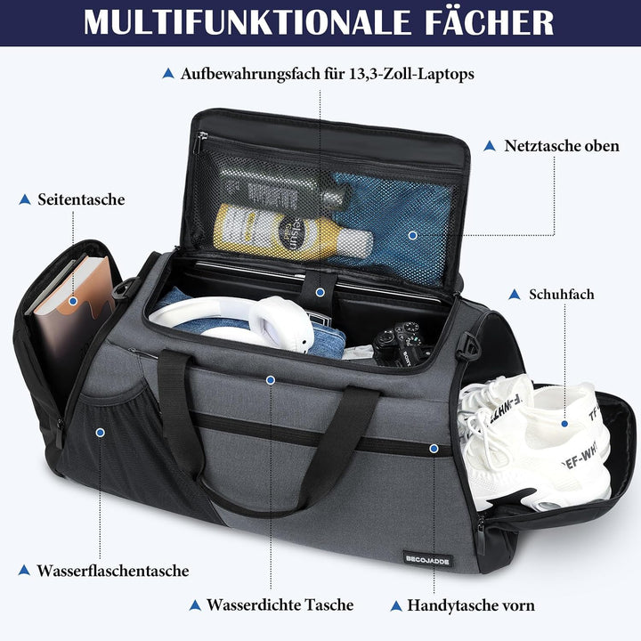 BECOJADDE Sporttasche Herren 40L Gross Sporttaschen Reiserucksack Mehrere Taschen Rucksack mit Schuh