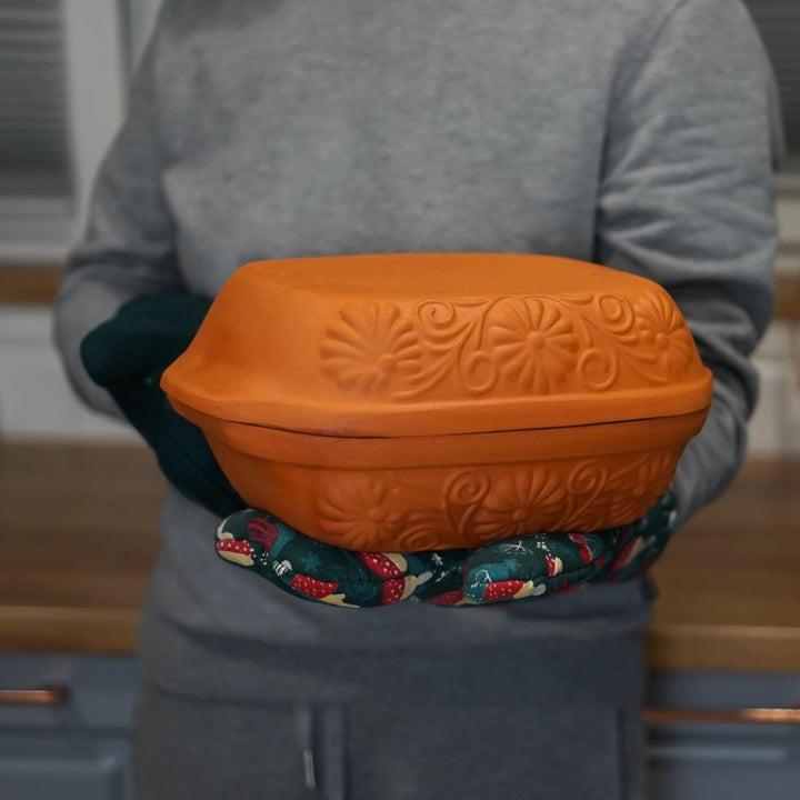 BROWIN® Tonbräter Bräter aus Naturton Blumen 4 Liter | Tonbräter Dampfgarer | Römischer Tonofen | Au