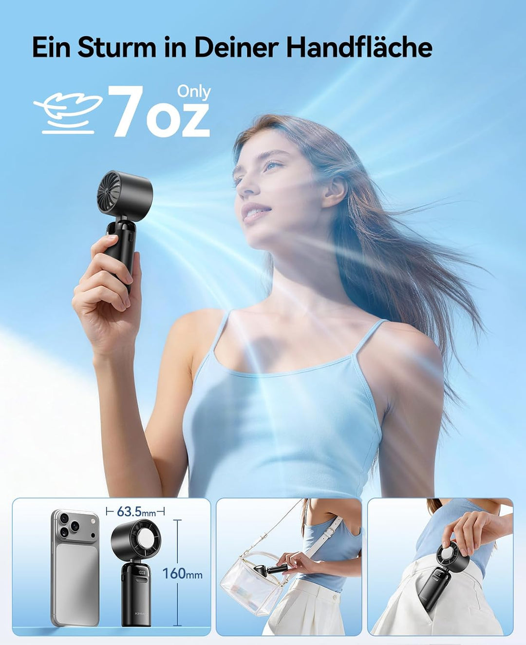 KIMMOO Handventilator mit Eiskühlung, 21000 U/min, 199 Stufen, bis zu 14h Akku, Wiederaufladbar, 3-i