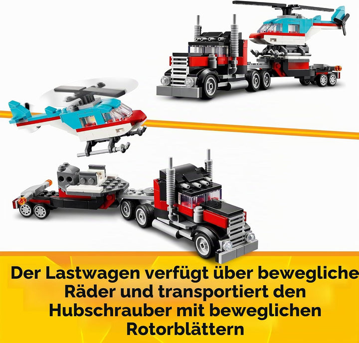 LEGO Creator 3in1 Tieflader mit Hubschrauber, Fahrzeuge-Set &amp; City Blauer Monstertruck, Offroad-Auto