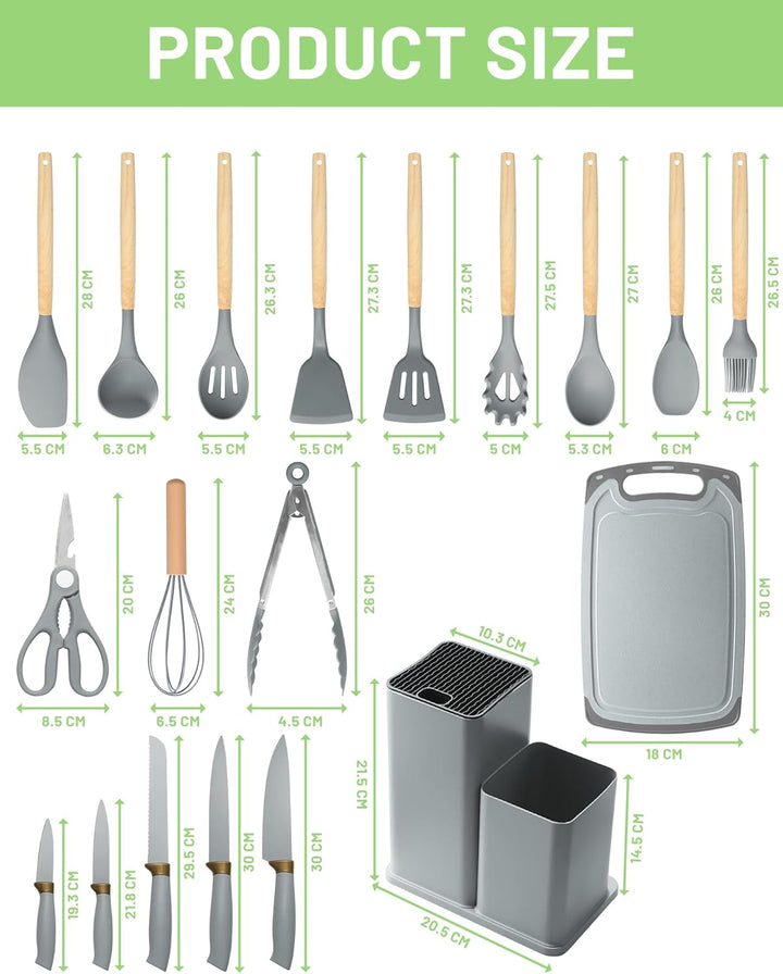 Küchenmesser Set 19-teilig – Küchenutensilien Set mit 5 Messer und 12 Silikon Küchenutensilien, Schn