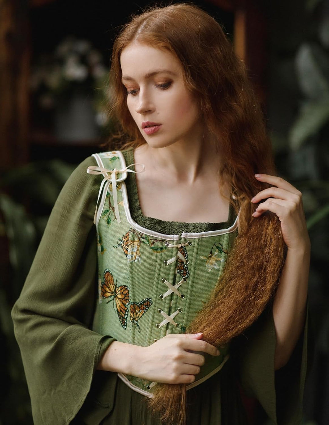 Scarlet Darkness Korsett-Oberteil für Damen, Renaissance, Schnürung, Blumenmuster, Überbrust-Bustier