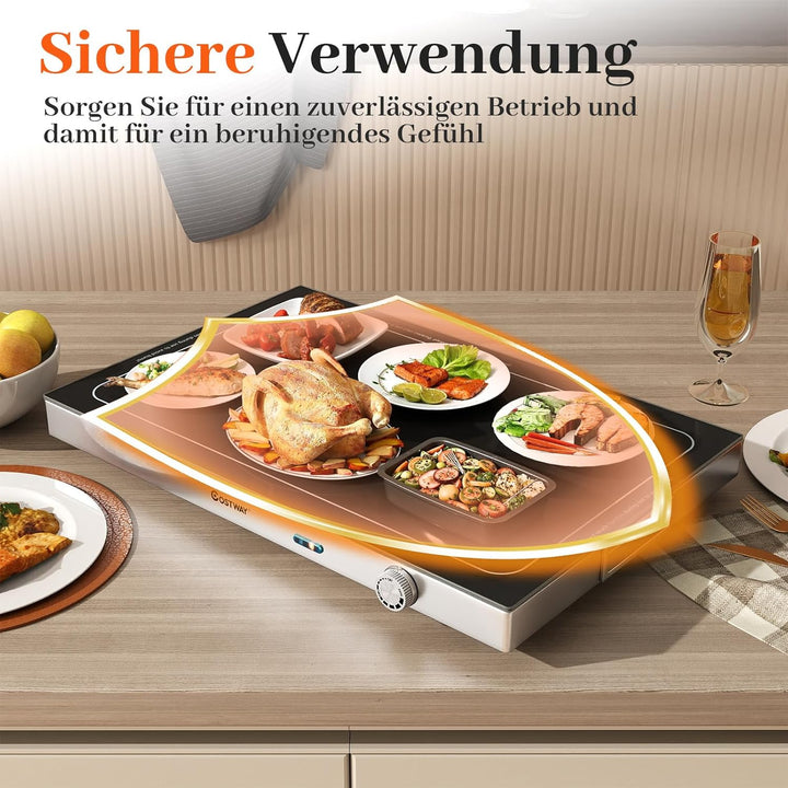 COSTWAY Warmhalteplatte elektrisch, Speisewärmer mit Gehärteter Glasoberfläche und Thermostat bis 12
