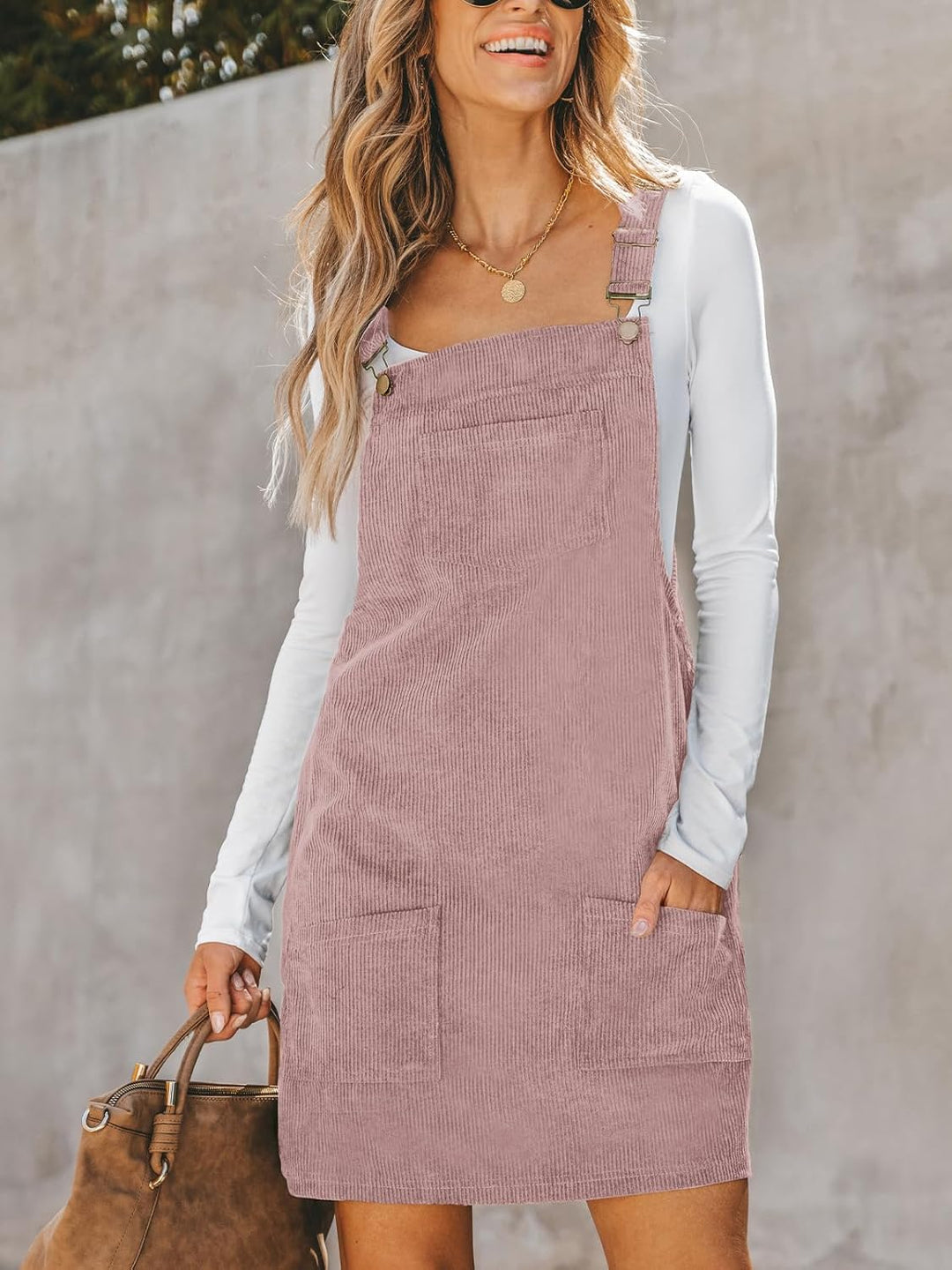 CUPSHE Damen Latzrock Quadratischer Ausschnitt Hosenträger Taschen Cord Latzkleid Overallkleid Freiz