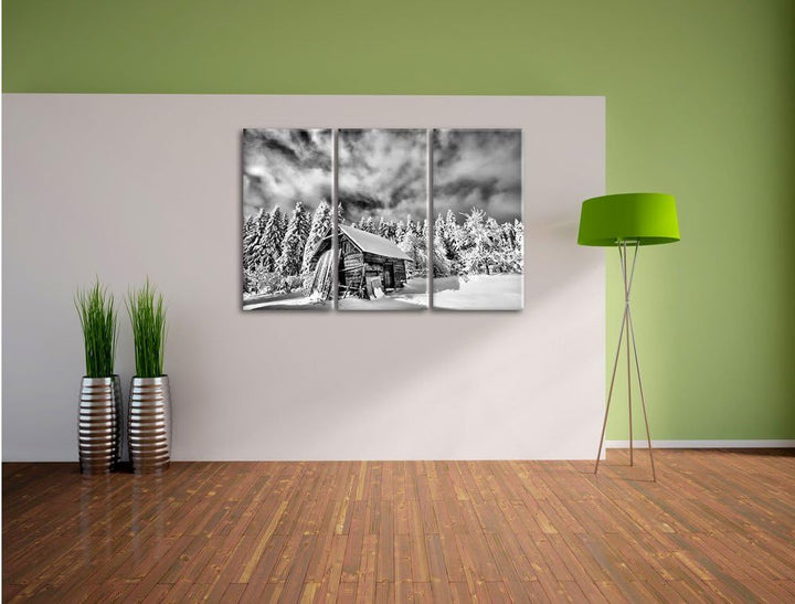 Pixxprint Monocrome, Holzhütte im Schnee 3-Teiler Leinwandbild 120x80 Bild auf Leinwand