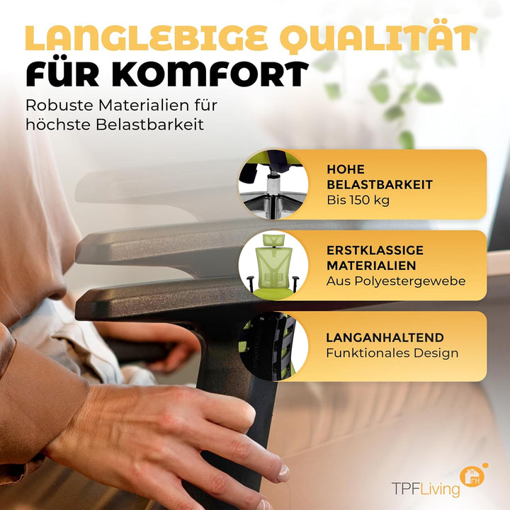 Bürostuhl Zeus (Grün) – Bürostuhl ergonomisch und komfortabel inkl. Verstellbarer Lordosenstütze & k