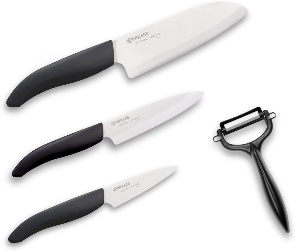 Kyocera Keramikmesser Set- 3 Messer Griff schwarz + Keramikschäler + Schneidunterlage Fb. schwarz