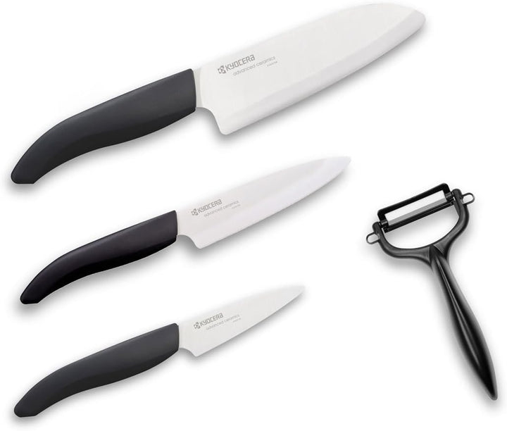 Kyocera Keramikmesser Set- 3 Messer Griff schwarz + Keramikschäler + Schneidunterlage Fb. schwarz