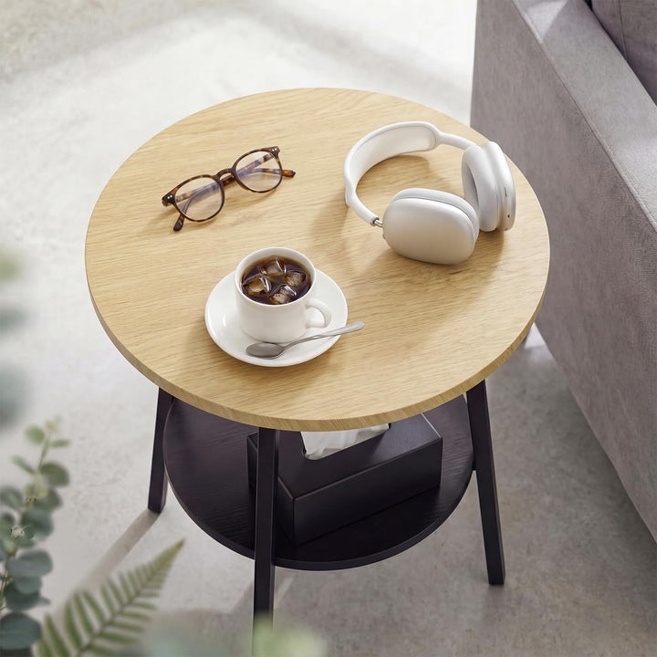 Beistelltisch Rund, Couchtisch Klein mit 2 Etagen, Runder Holz Beistelltisch im Vintage Stil, Eiche