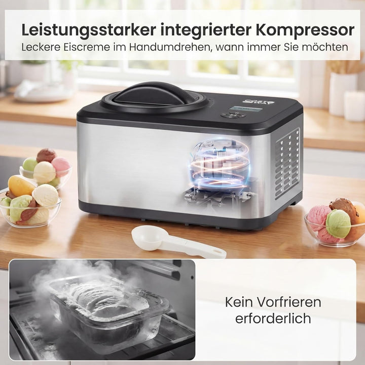 COSTWAY 2 in 1 Eismaschine mit Joghurtfunktion, Kompressor Eiscrememaschine 1,5 L für Eiscreme, Gela