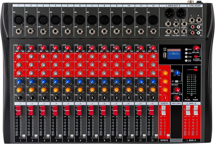 DJ Sound Mixer Board Konsole 48V Phantomspeisung 12 Kanäle mit USB Steckplatz Audiomischer Geeignet