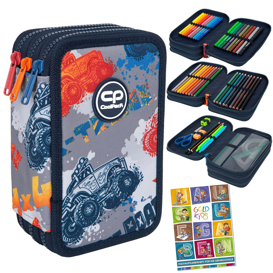 Goldkids Federtasche 3-fache Federmappe Offroad Federmäppchen 46-teilig gefüllte Schüleretui Stifte