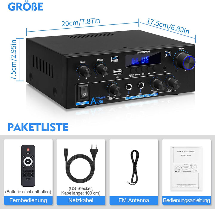 HiFi-Verstärker AK55 Bluetooth Stereo-Audioverstärker Receiver 2 Kanäle 70WX2 Max. 600W Digitale End