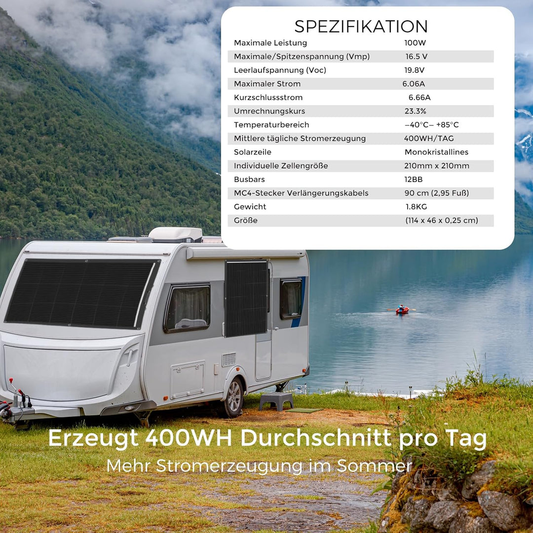 WUZECK Solarpanel Flexibel 100W Schwarz, 12V Monokristallines Flexibles Solarpanel Wohnmobil 100Watt