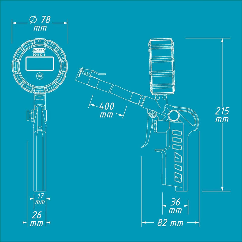 HAZET Reifenfüll-Messgerät 9041D-1 | Digitale Anzeige, beleuchtet, Manometer-Messbereich: 0-12 bar,