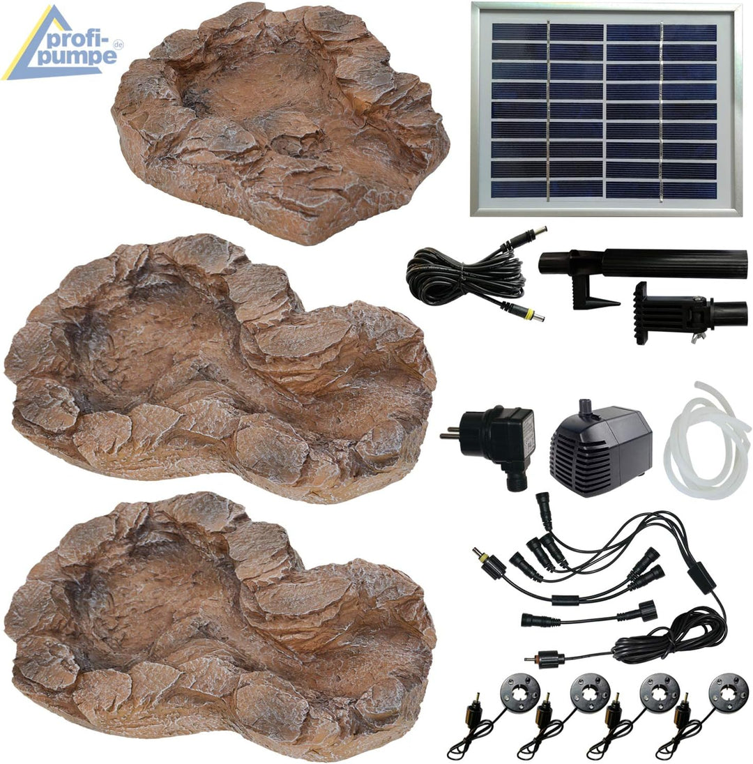 Amur Solar GARTENBRUNNEN Bachlauf QUELLBACH II mit LED-Licht/Hybrid-System, 230V ZIERBRUNNEN VOGELBA