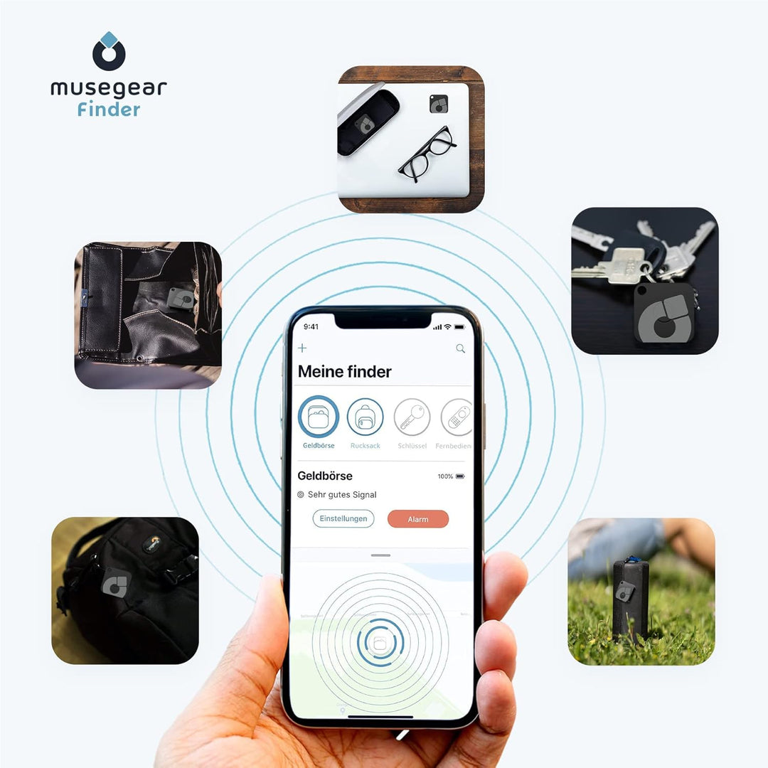 musegear Schlüsselfinder Recharge - schwarz I aufladbar I mit Bluetooth App aus Deutschland - 2er Pa