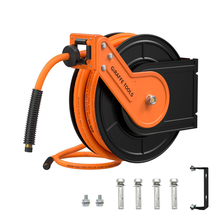 Giraffe Tools Automatik Druckluftschlauchtrommel 15M Plus mit 180° Schwenkbracket, Automatische Aufr