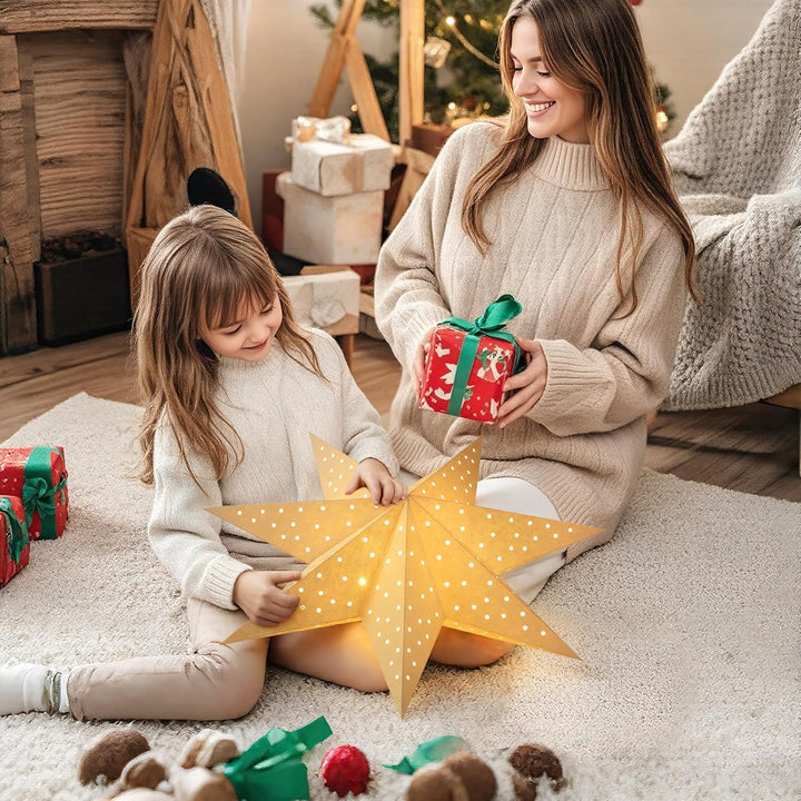Lewondr Weihnachts Papier Stern Laternen 3PCS, Hängende 7-Zackige Stern Lichter Mit Ausgestanzten Pu