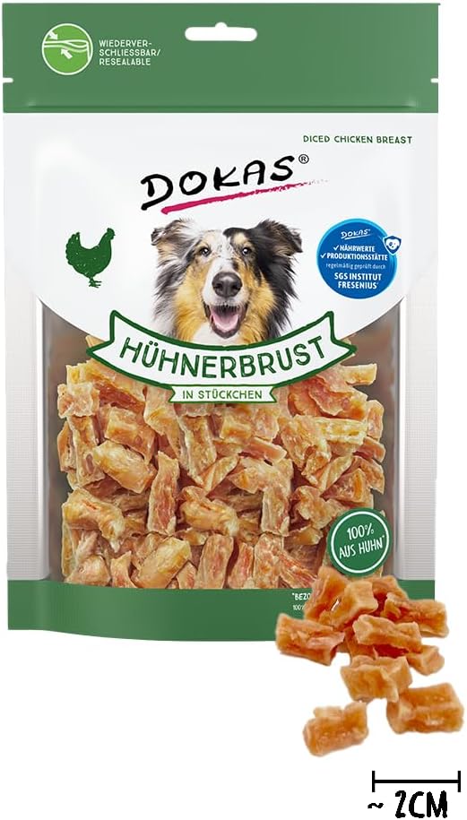 DOKAS Hühnerbrust in Stückchen – Glutenfreier Premium Snack in praktischer Grösse für Hunde – Ideal
