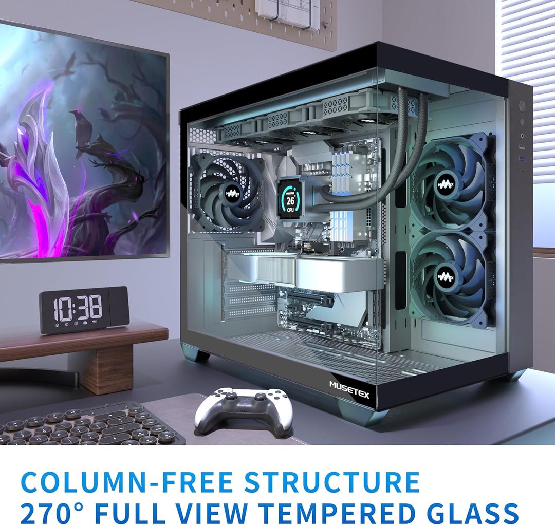 MUSETEX PC Gehäuse ATX, 3 Non-LED Lüfter vorinstalliert Gaming PC Gehäuse, 270° Full-View Tempered G