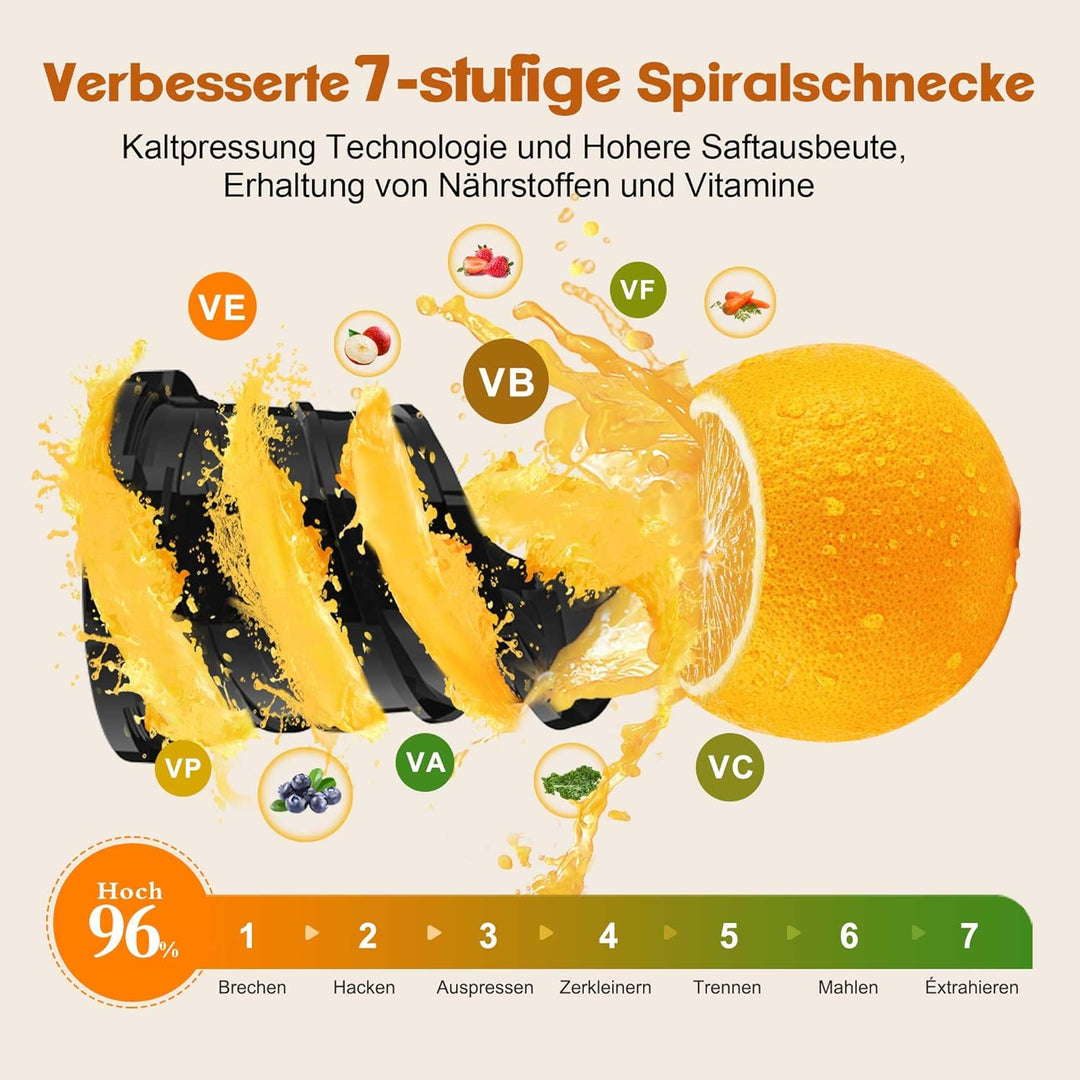 Fretta Slow Juicer Entsafter Gemüse und Obst Testsieger, 250W Edelstahl Saftpresse Elektrisch Obstpr