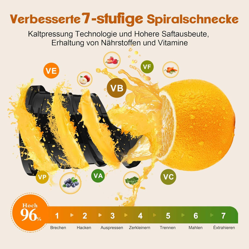 Fretta Slow Juicer Entsafter Gemüse und Obst Testsieger, 250W Edelstahl Saftpresse Elektrisch Obstpr