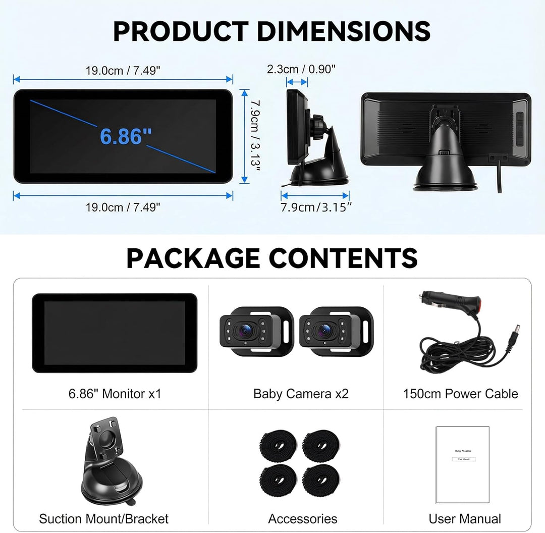 SIXTOP Baby Auto Kamera mit 6.86" IPS Monitor, Nachtsicht & 90° Weitwinkel 2 HD Rücksitzkameras, Sic