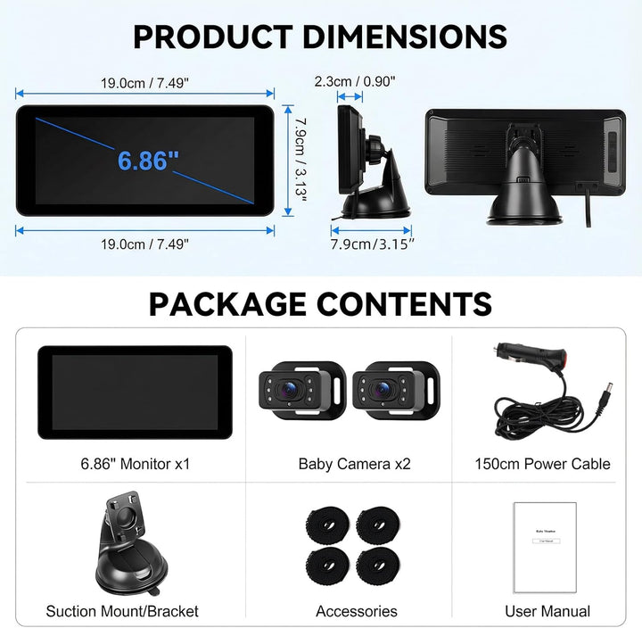 SIXTOP Baby Auto Kamera mit 6.86" IPS Monitor, Nachtsicht & 90° Weitwinkel 2 HD Rücksitzkameras, Sic