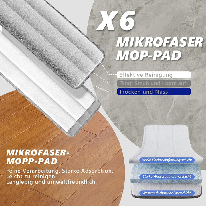 Masthome Wischmopp Set mit Eimer,2 In 1 Putzeimer mit Wischer Wischmopp mit Auswringfunktion, 6 Wisc