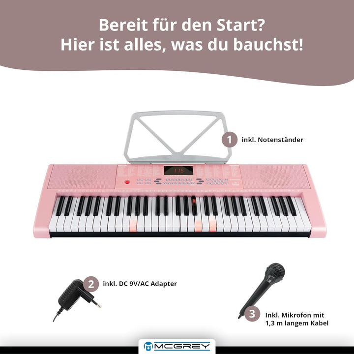 McGrey LK-6120-MIC Keyboard Taschen Set Pink - Einsteiger-Keyboard mit 61 Leuchttasten - 255 Sounds