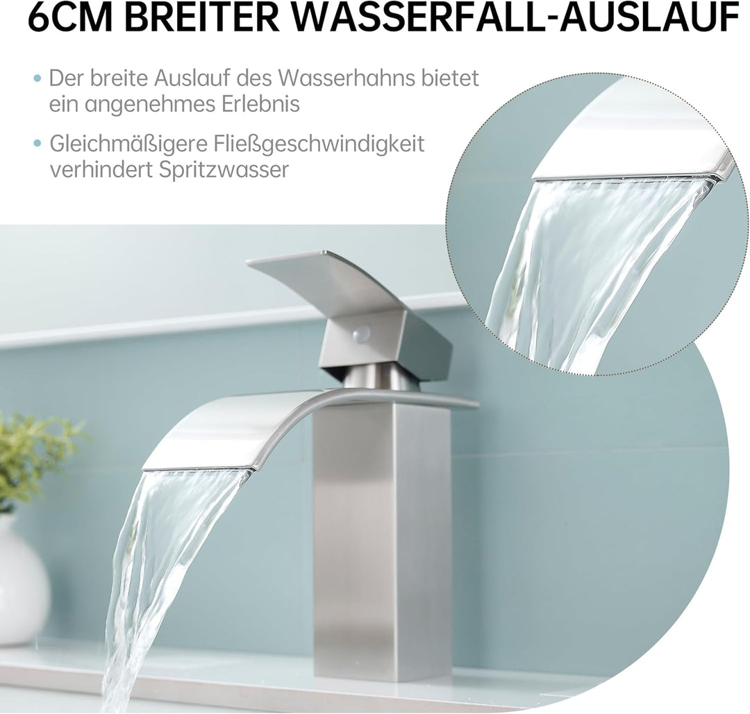 Fransiton Wasserhahn Bad, Wasserfall Waschtischarmatur mit Auslauf Höhe 60MM, Einhebelmischer für Ka