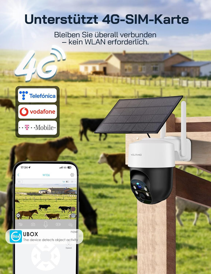 WOLFANG 4G LTE Wildkamera Solar, 2.5K Wildkamera mit Handyübertragung App, 0,2s PIR Auslösezeit, Bew