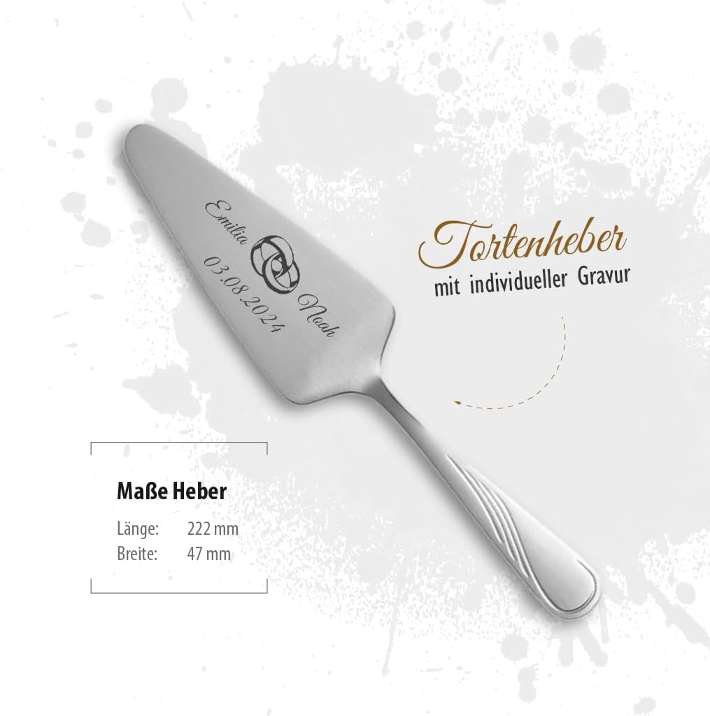 Tortenmesser + Kuchenheber Set mit eigener Gravur/Hochzeit Motiv Trauringe Geschenk Brautpaar Torten
