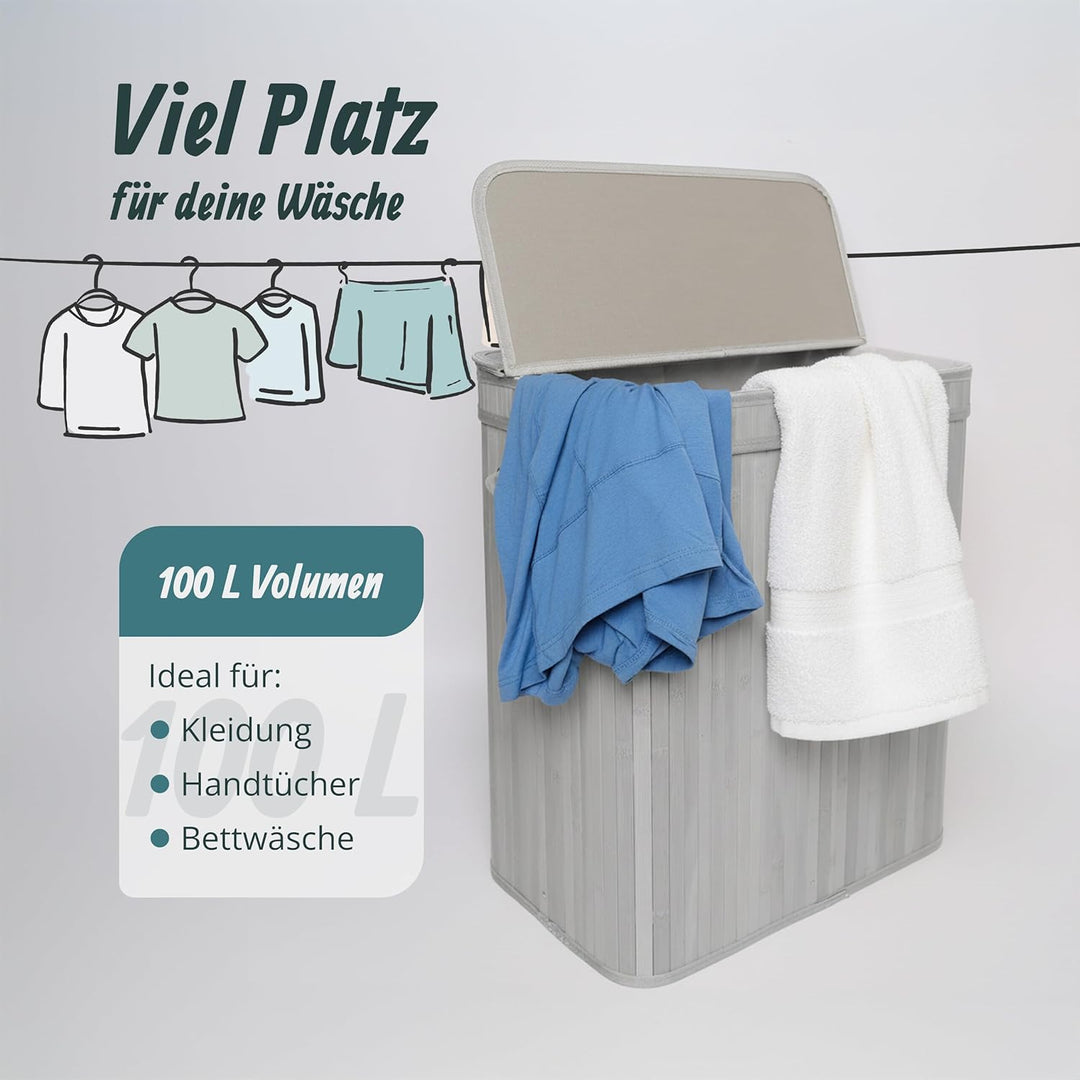 Relaxdays Wäschekorb mit Deckel, Bambus, 100 l, 2 Innenfächer, HxBxT: 63 x 52 x 32 cm, Badezimmer Wä
