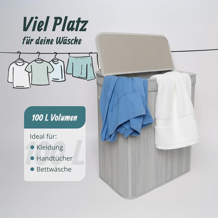 Relaxdays Wäschekorb mit Deckel, Bambus, 100 l, 2 Innenfächer, HxBxT: 63 x 52 x 32 cm, Badezimmer Wä