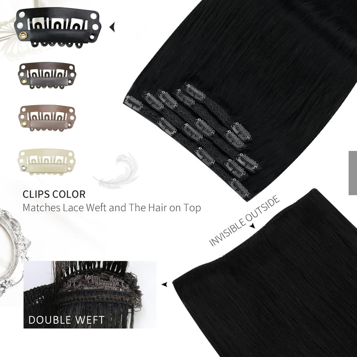 Moresoo Extensions Clip in Echthaar Schwarz Doppelt Tressen Extensions Echthaar Clip in Pechschwarz