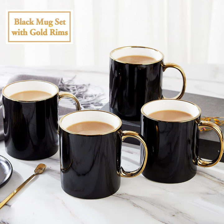 DUJUST Schwarze Kaffeetasse Set von 4(470ml), modernes und stilvolles Design mit handgefertigten gol