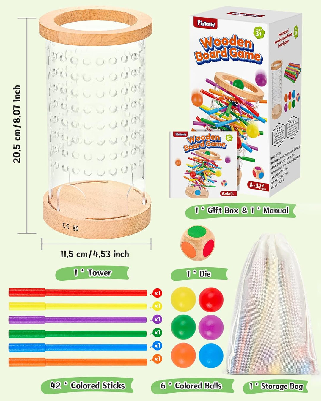 Montessori Holz Brettspiel ab 3–6 Jahre mit Ball &amp; Antirutsch-Stäbchen | Antirutsch-Stäbchen, Transp