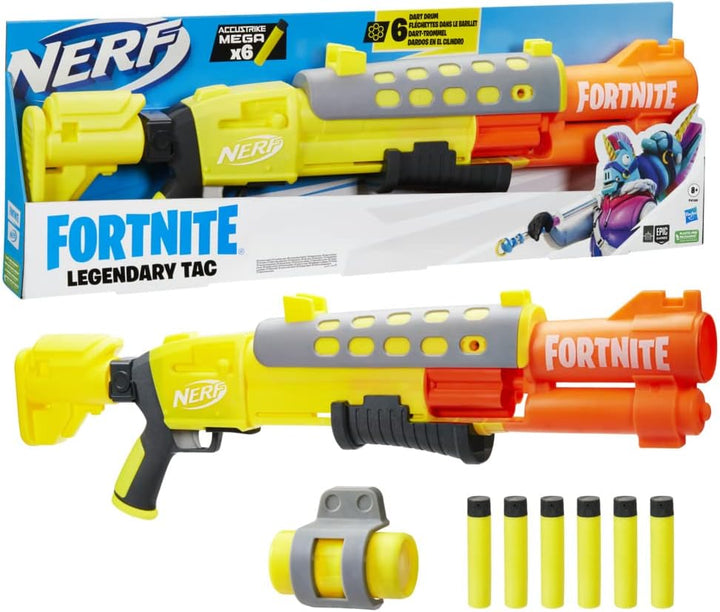 Nerf Fortnite Legendary TAC Blaster, Lackierung Gelbes Leuchten, 6-Dart Megatrommel, 6 Nerf AccuStri