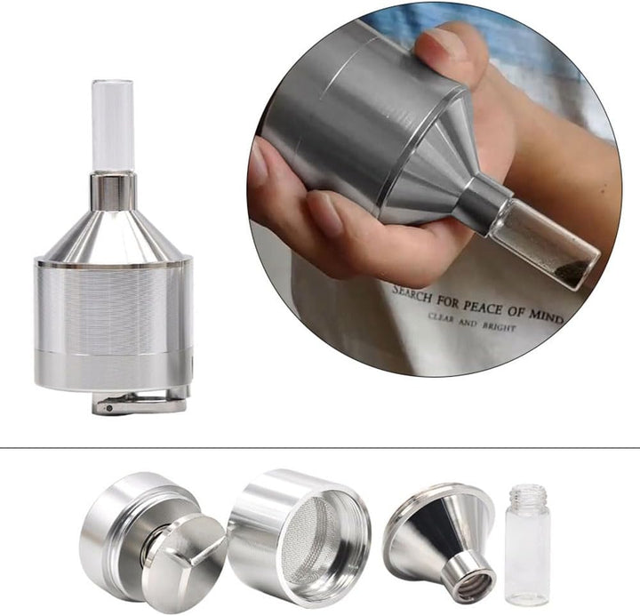 Manuelle Pulvermühle aus Aluminium mit Glasflasche und Trichter, handgekurbelte Metallmühle, geeigne