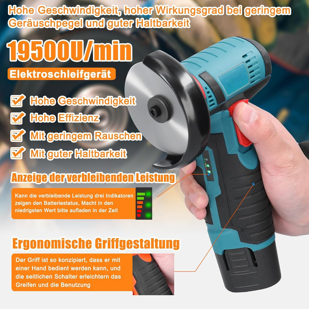 Akku Winkelschleifer Hancaner Mini Winkelschleifer 2 * 2.0 Ah 12 V Akku Flex 19500rpm 6 Trennscheibe