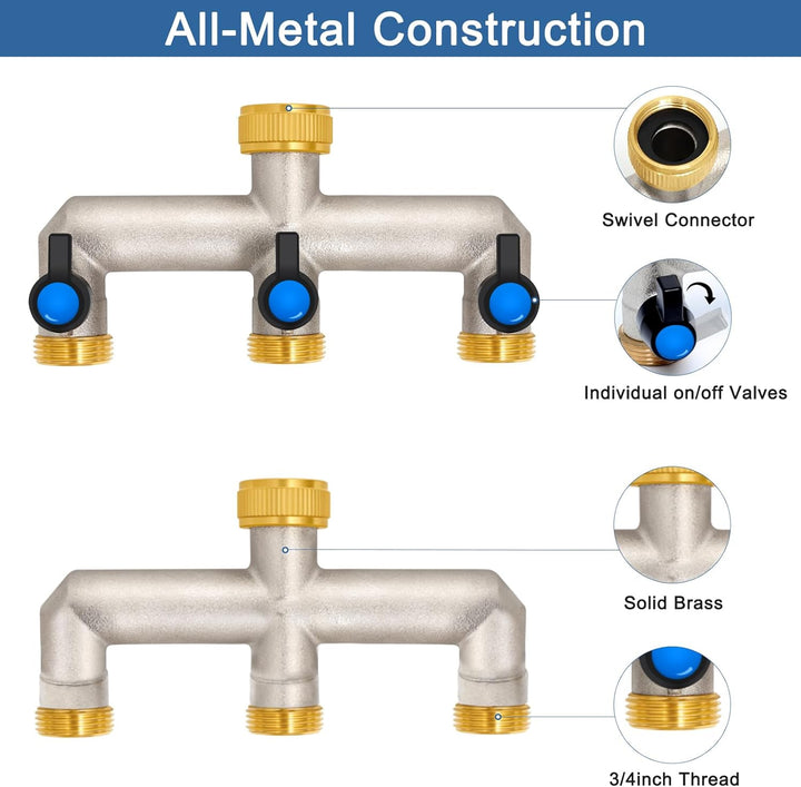 3-Wege Wasserhahn Wasserverteiler aus Messing für 3 Geräte/Gartenschläuche, 3er Verteiler 3/4" Adapt