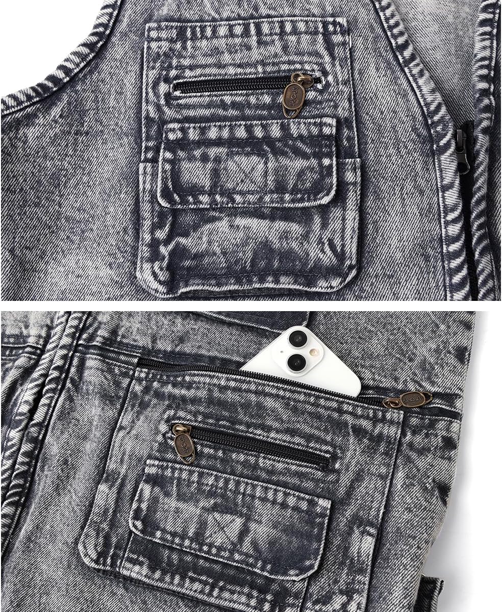 KTWOLEN Herren Outdoor Weste Casual Denim Weste Multi-Taschened Motorradweste Outdoor Ärmellos Angel
