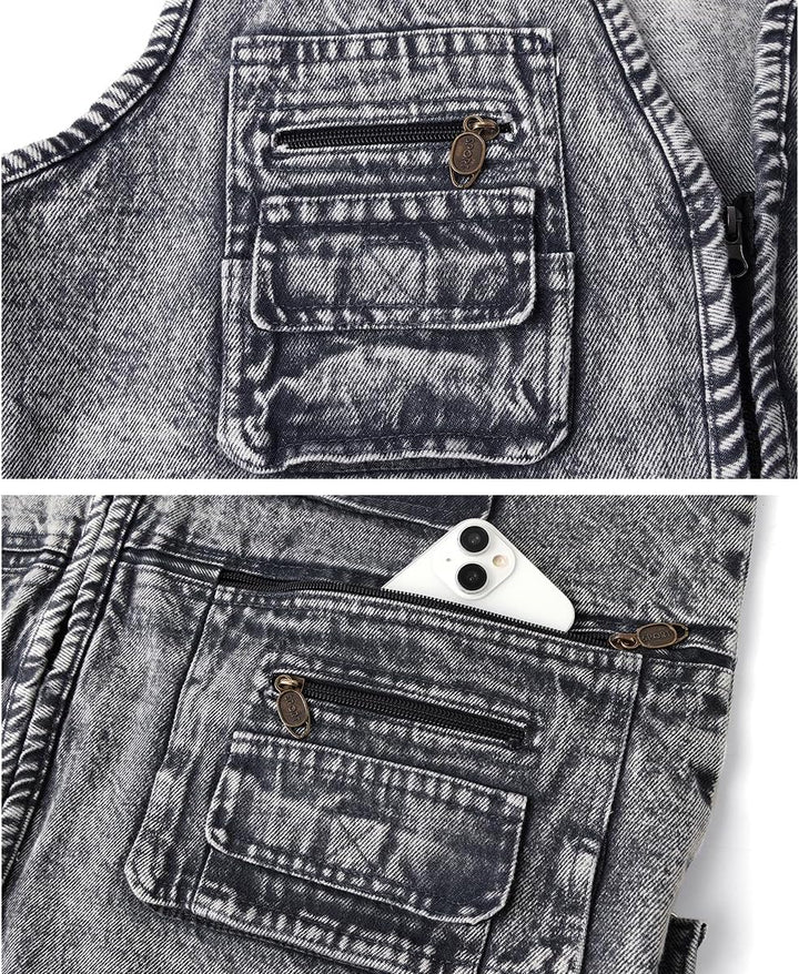 KTWOLEN Herren Outdoor Weste Casual Denim Weste Multi-Taschened Motorradweste Outdoor Ärmellos Angel