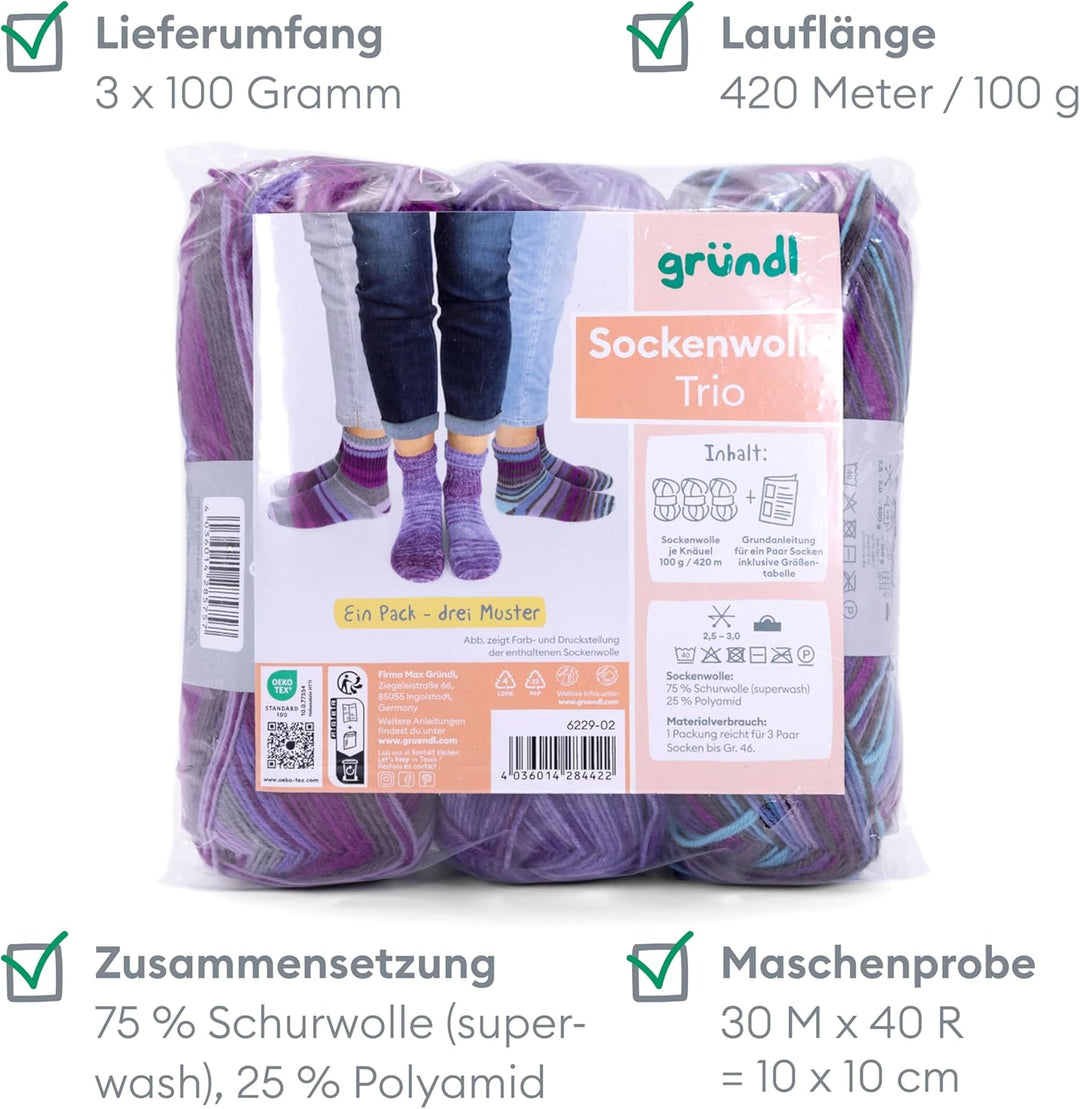Gründl Wolle Sockenwolle Trio - Strickgarn für 3 Paar Socken - Strapazierfähig und hautfreundlich -
