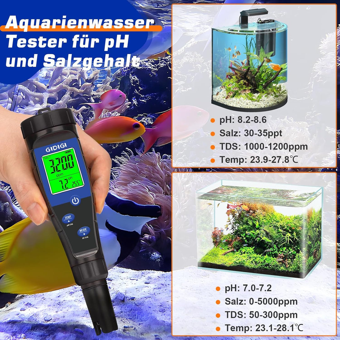 pH Messgerät Salztester für Pool,Digitales 5-in-1 pH TDS EC Salzgehaltmessgerät mit Kalibrierungslös