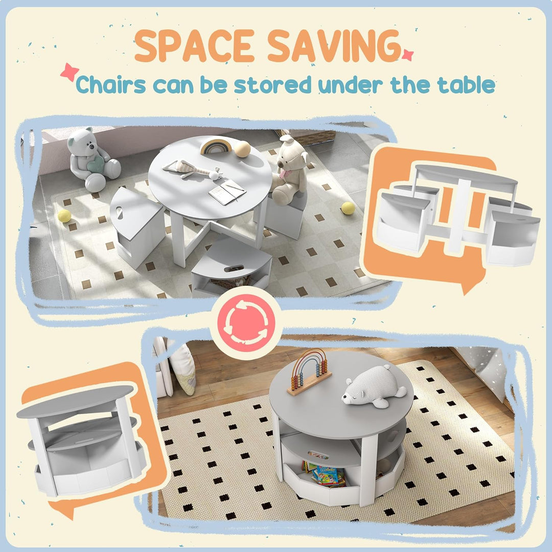 AIYAPLAY 5-TLG. Kindertisch und Hocker Set, Tisch und Stühle Set mit platzsparendem Holzaufbewahrung