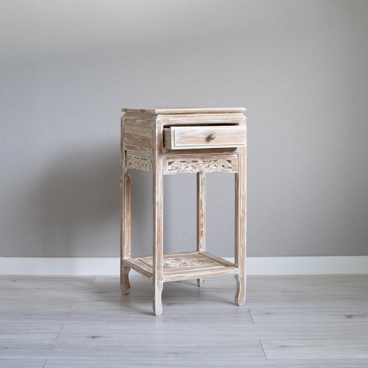 livasia Teakholzschränkchen mit Schnitzerei Hellbraun, Nachttisch, Kommode, Nachtschrank, aus Java (